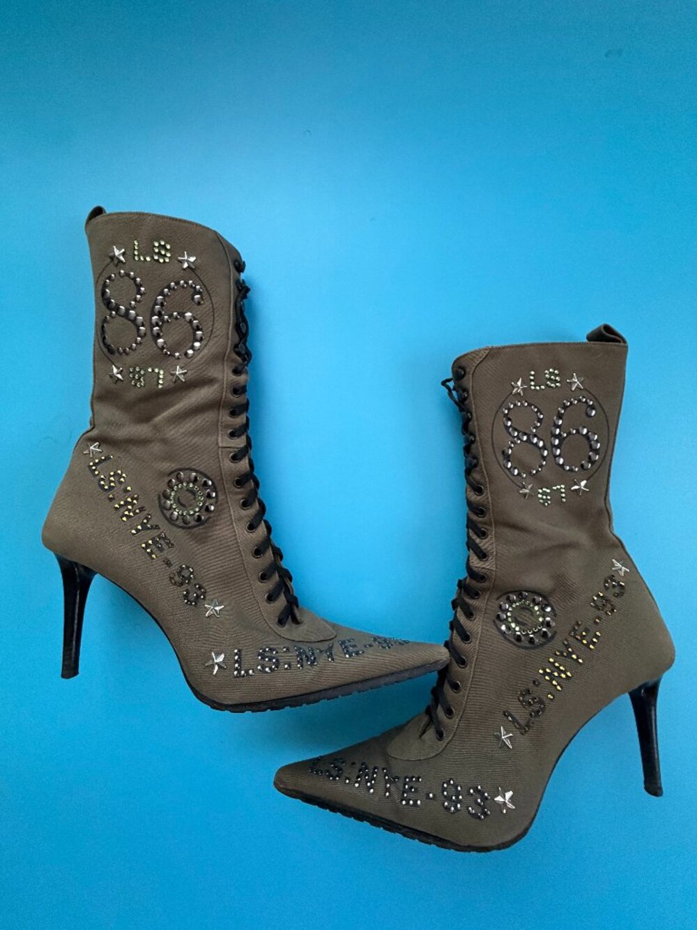 Le Silla Military Canvas Studded Crystal Lace Up Stiletto Boots EU 37 US 7 Italy